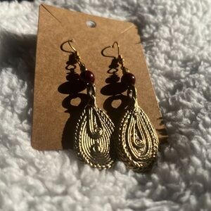 Brass metal Gold and Red Dangling Earrings with Intricate Filigree Design
